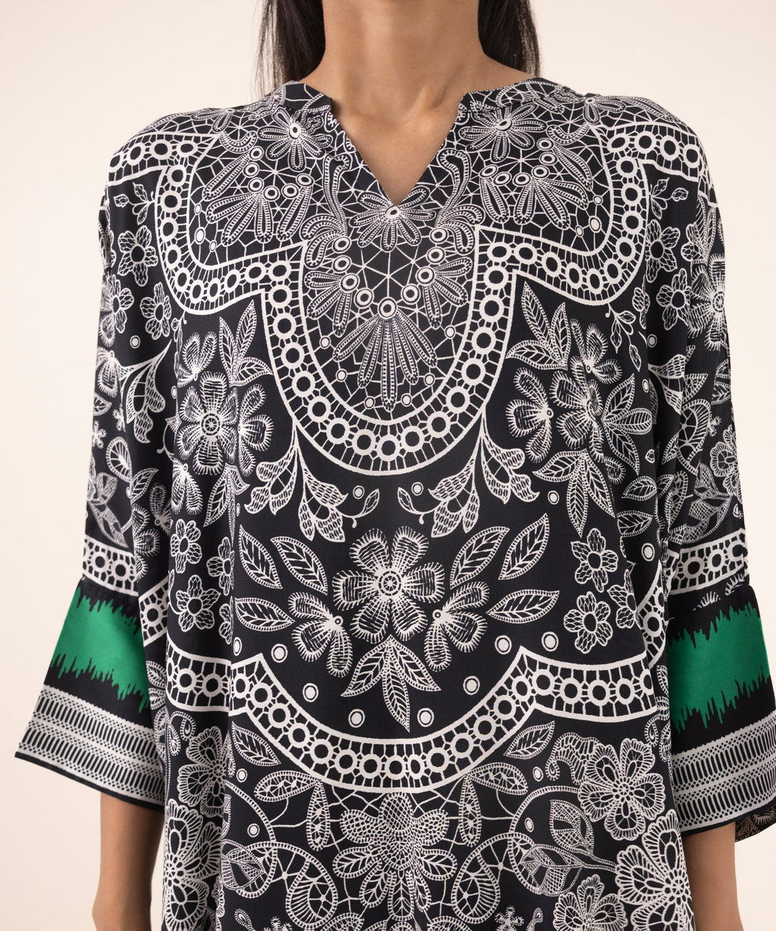 Women's RTW Arabic Lawn Black Printed Drop Shoulder Shirt