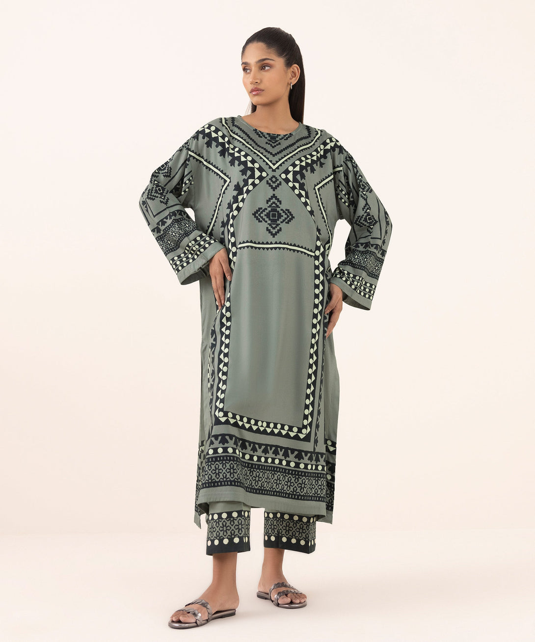 Women's RTW Arabic Lawn Grey Printed Boxy Shirt
