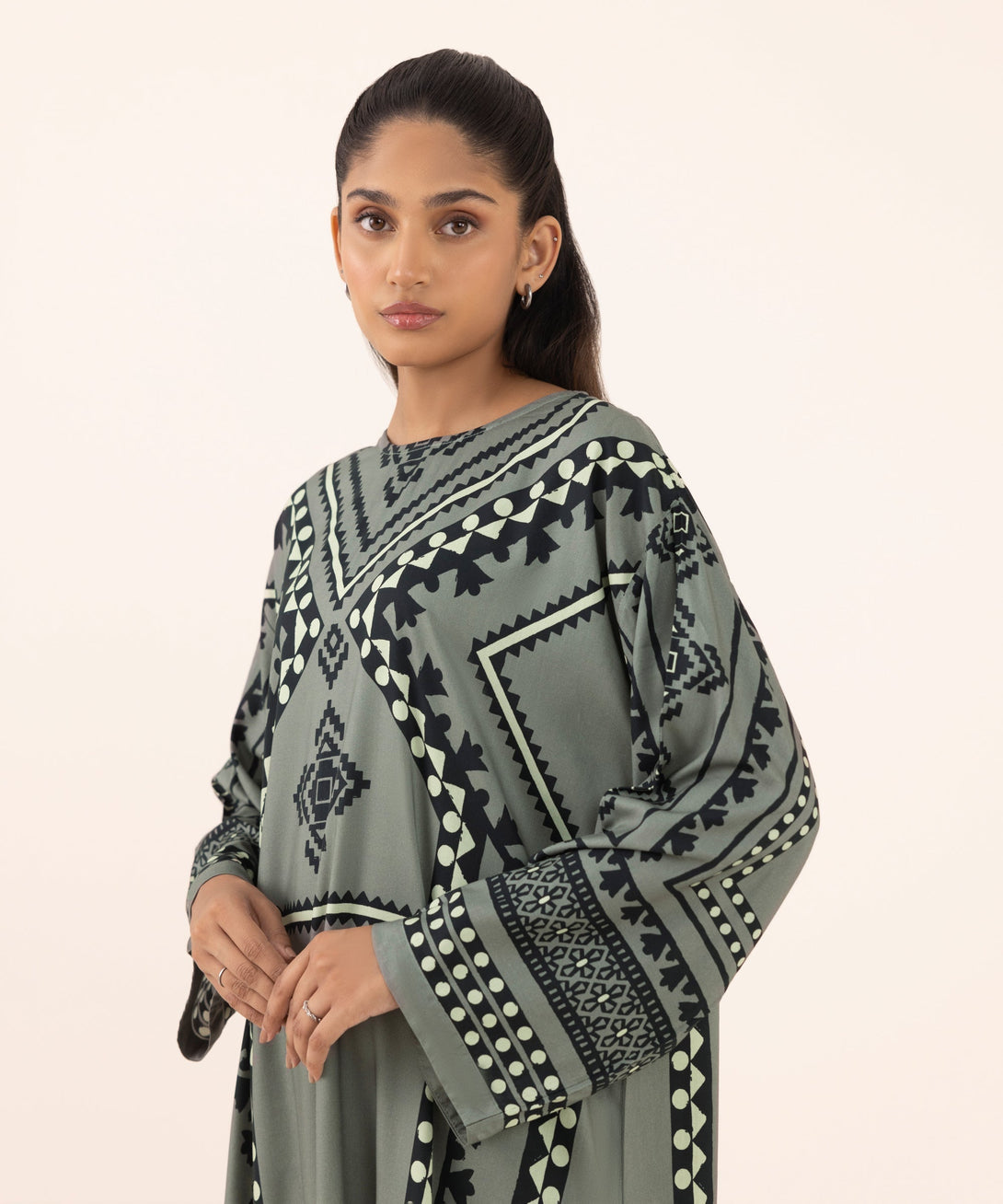 Women's RTW Arabic Lawn Grey Printed Boxy Shirt