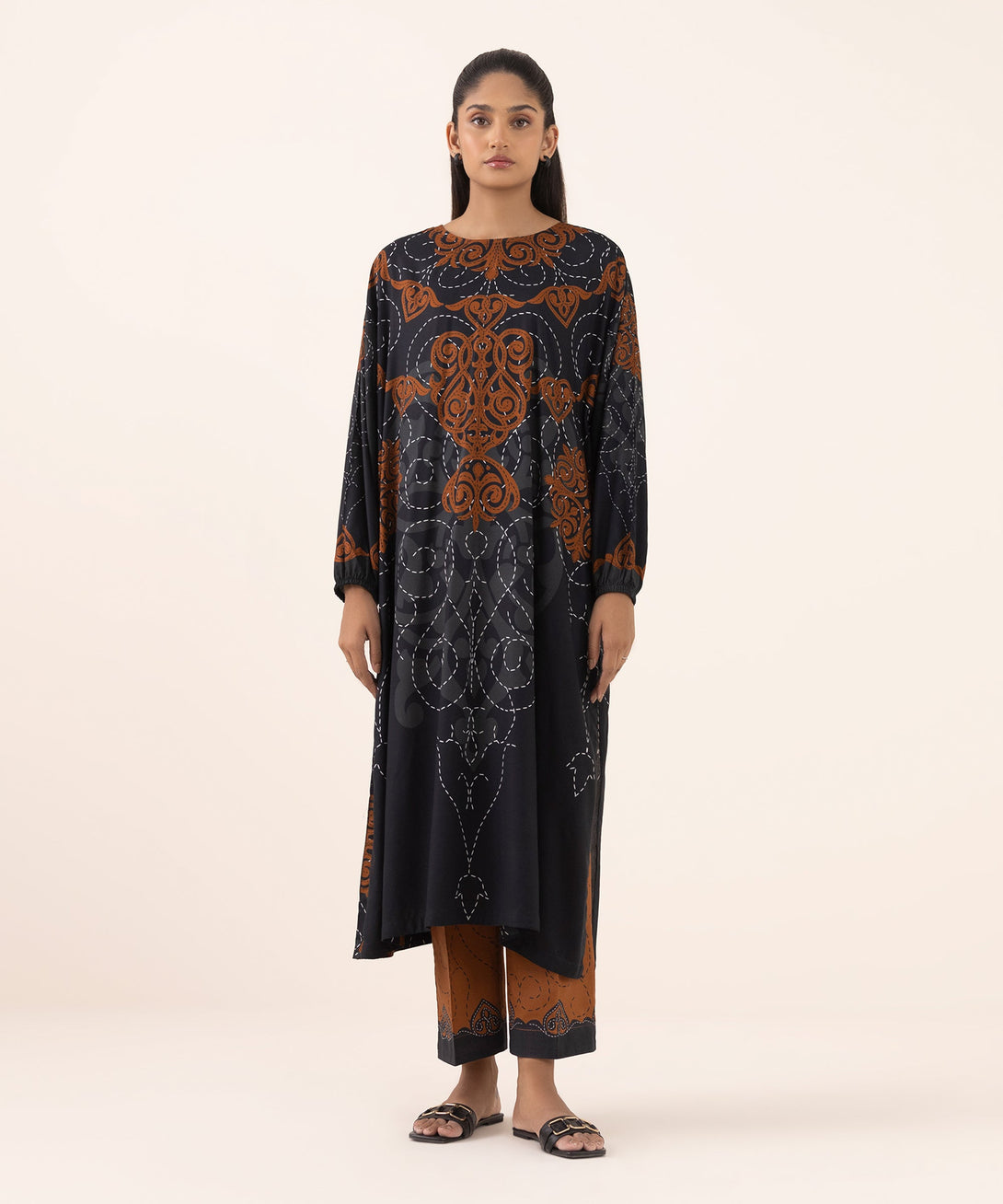 Women's RTW Arabic Lawn Black Printed Boxy Shirt