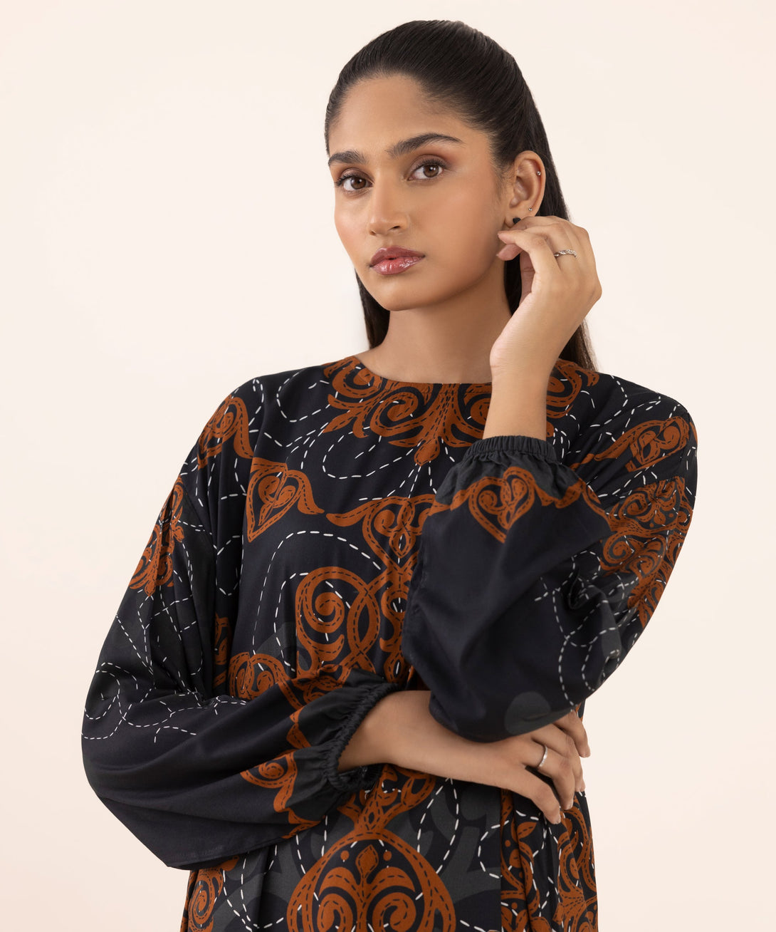Women's RTW Arabic Lawn Black Printed Boxy Shirt
