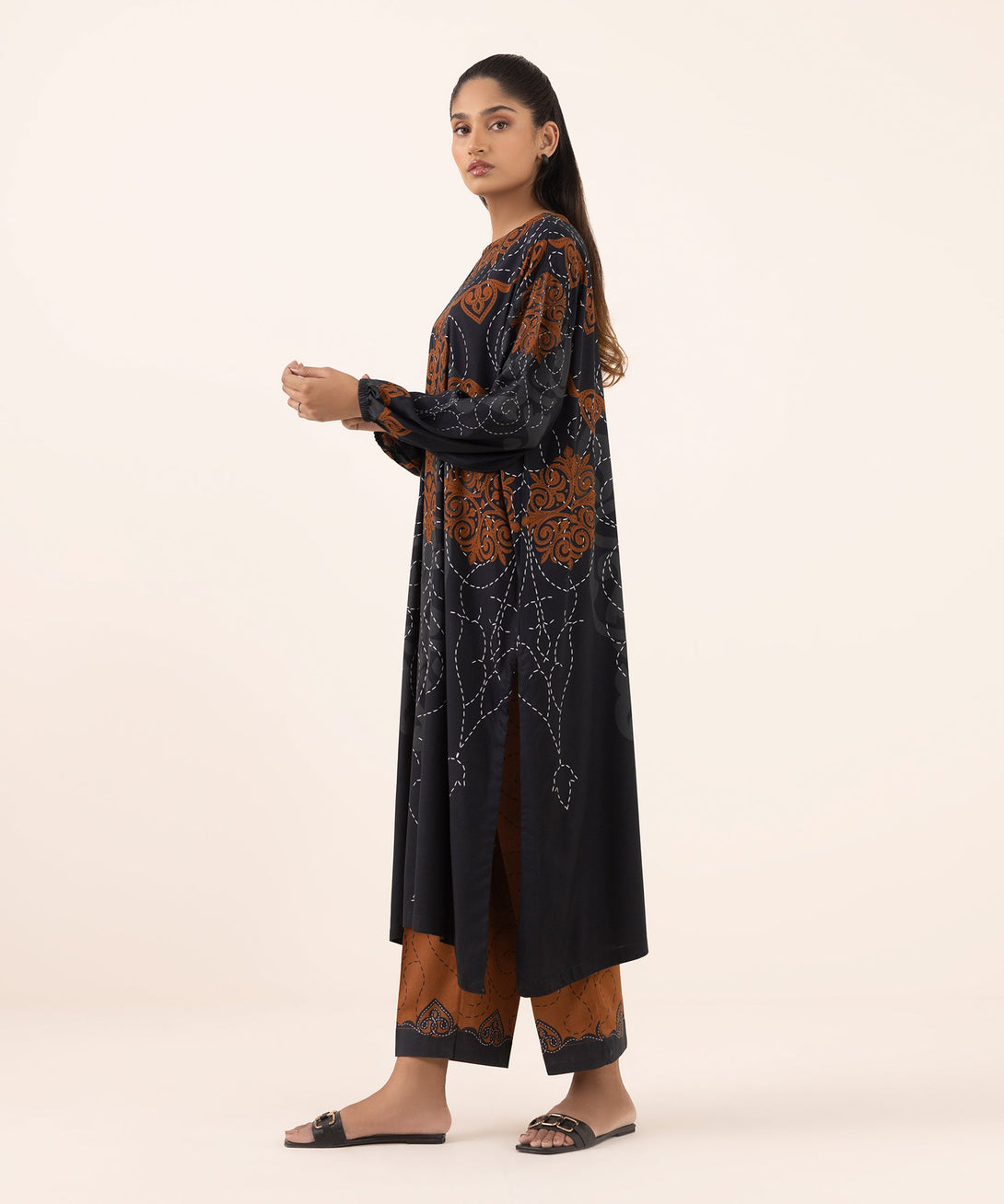 Women's RTW Arabic Lawn Black Printed Boxy Shirt