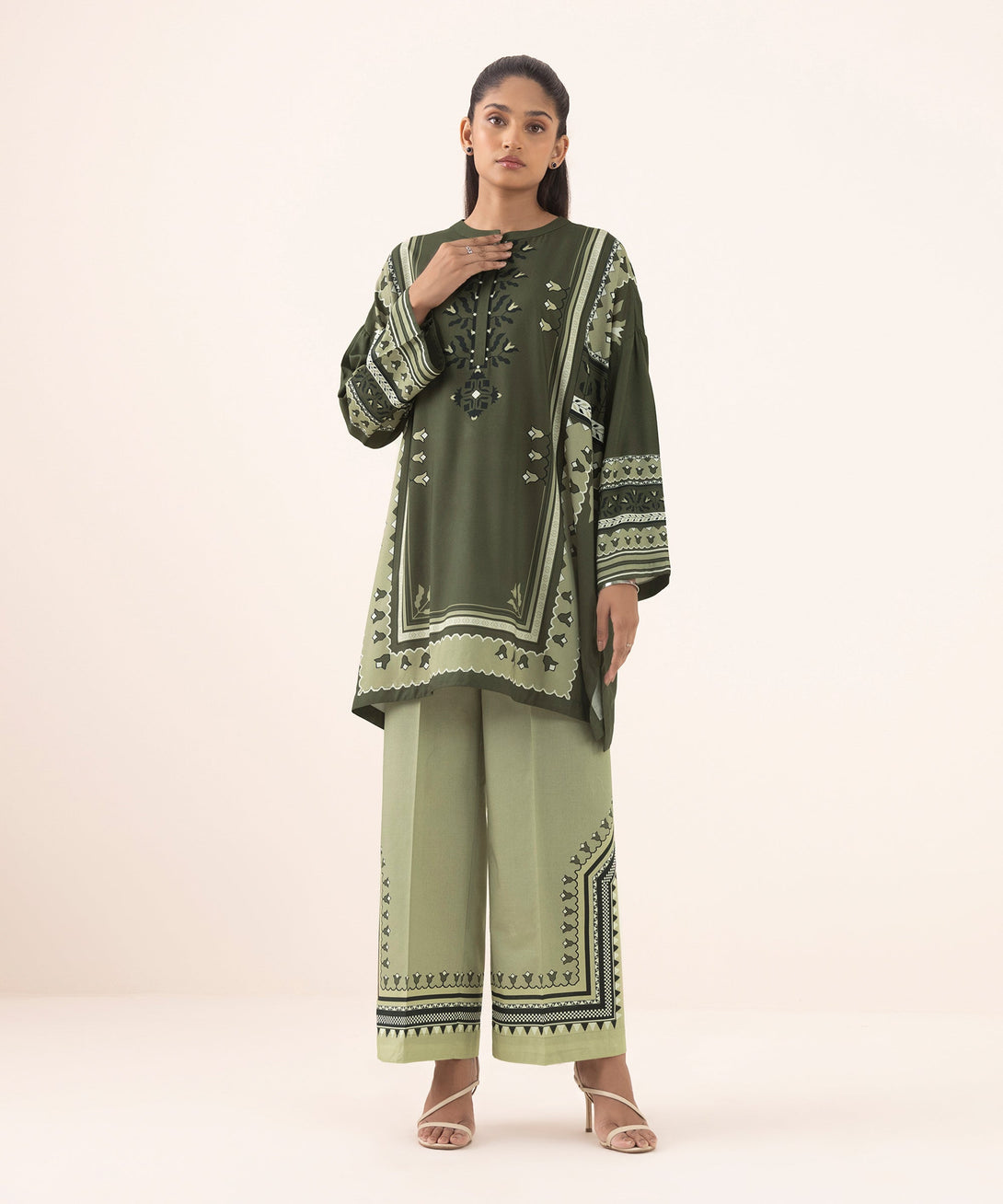 Women's RTW Arabic Lawn Green Printed Boxy Shirt