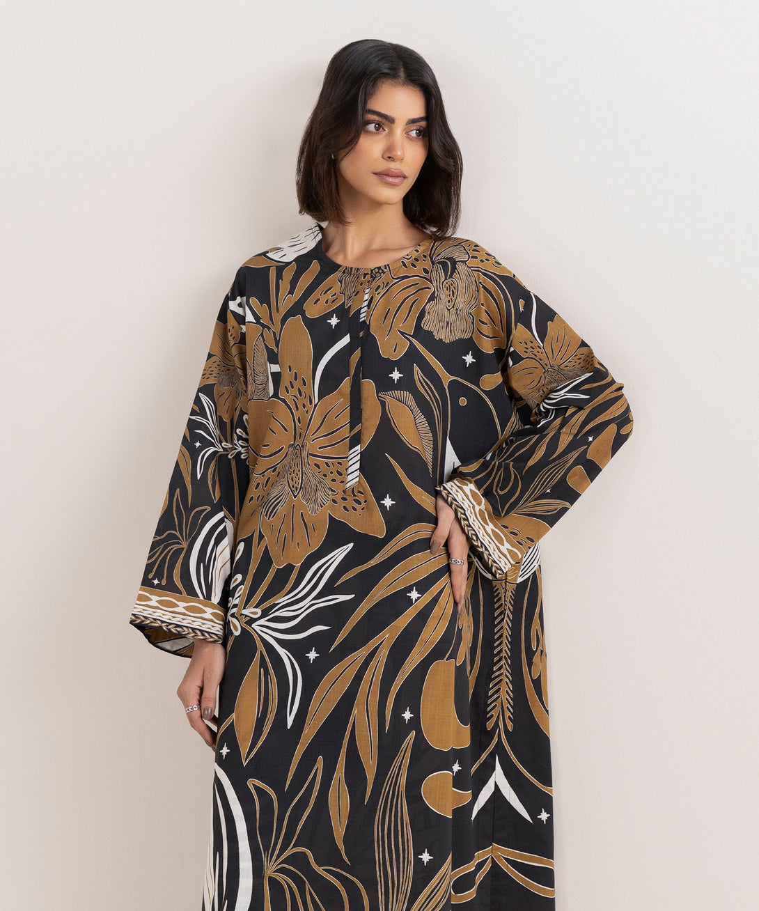 Women's RTW Cross Hatch Brown Printed Drop Shoulder Shirt