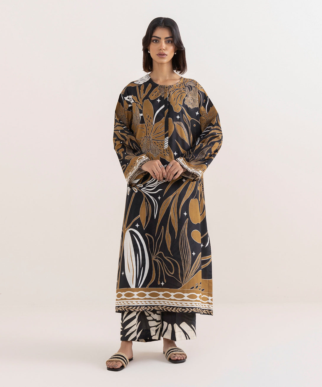 Women's RTW Cross Hatch Brown Printed Drop Shoulder Shirt