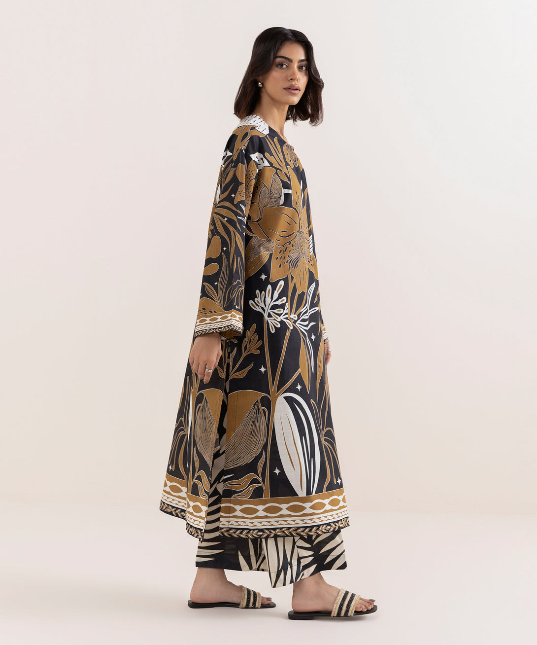 Women's RTW Cross Hatch Brown Printed Drop Shoulder Shirt