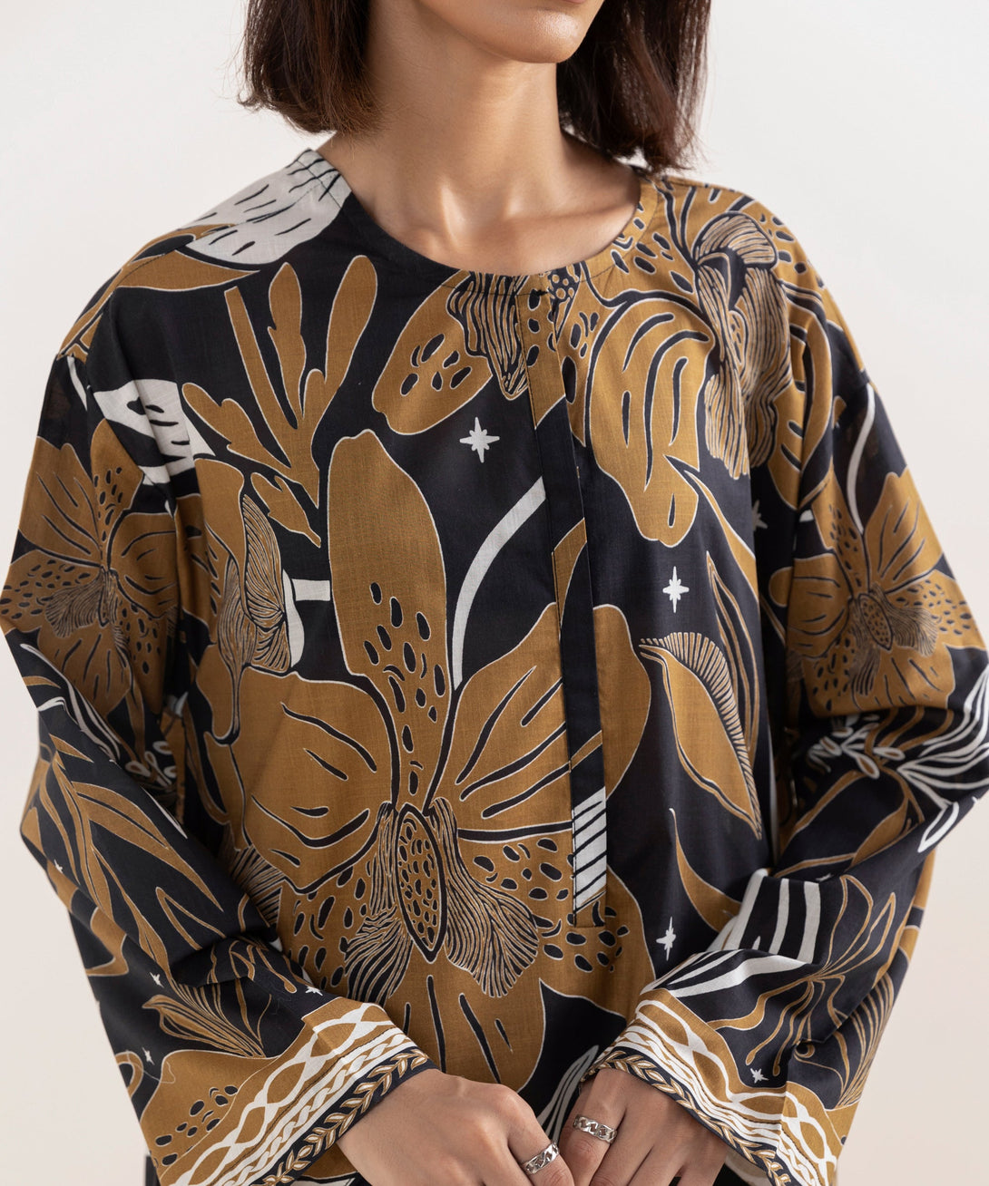 Women's RTW Cross Hatch Brown Printed Drop Shoulder Shirt
