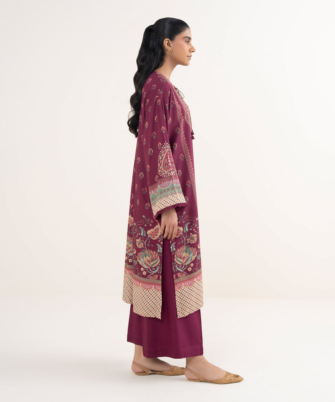 Women's RTW Viscose Linen Printed Purple Drop Shoulder Shirt