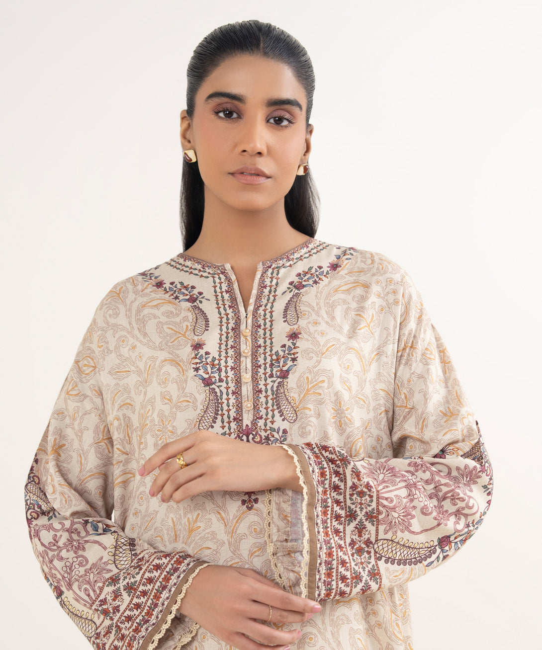 Women's RTW Viscose Linen Printed Beige Drop Shoulder Shirt