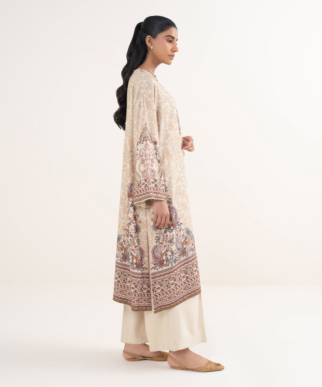 Women's RTW Viscose Linen Printed Beige Drop Shoulder Shirt