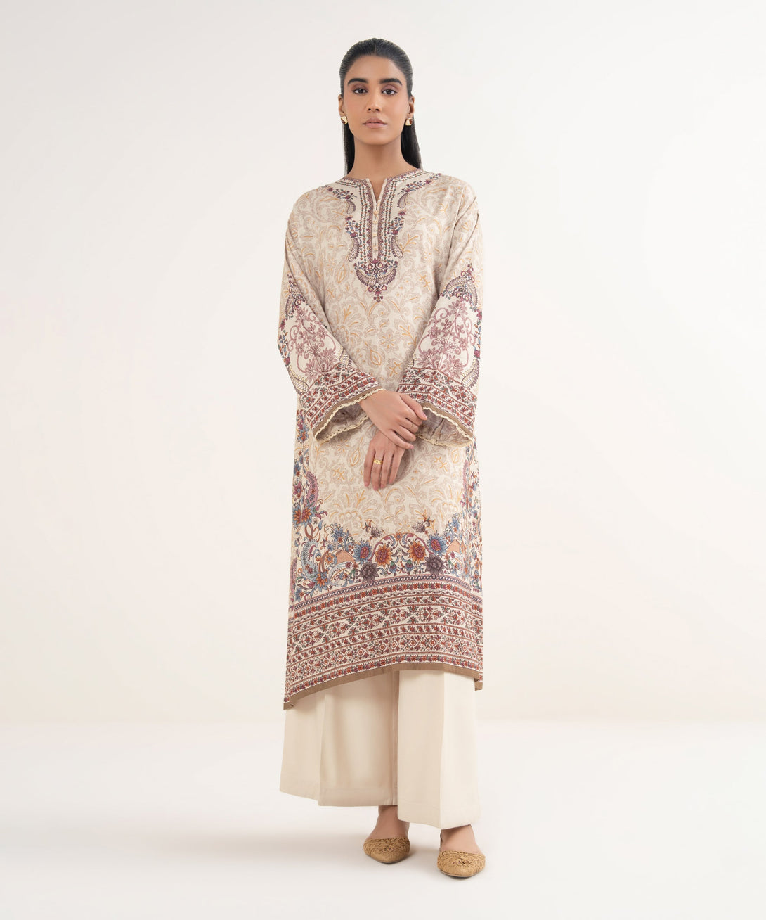 Women's RTW Viscose Linen Printed Beige Drop Shoulder Shirt