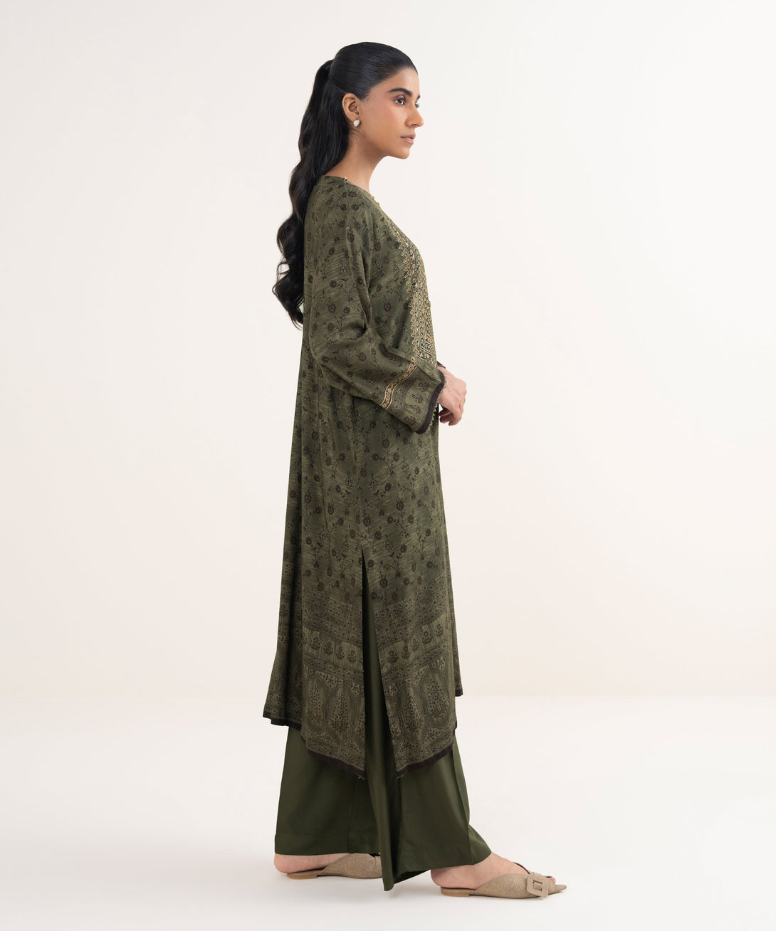 Women's RTW Viscose Linen Printed Green Drop Shoulder Shirt