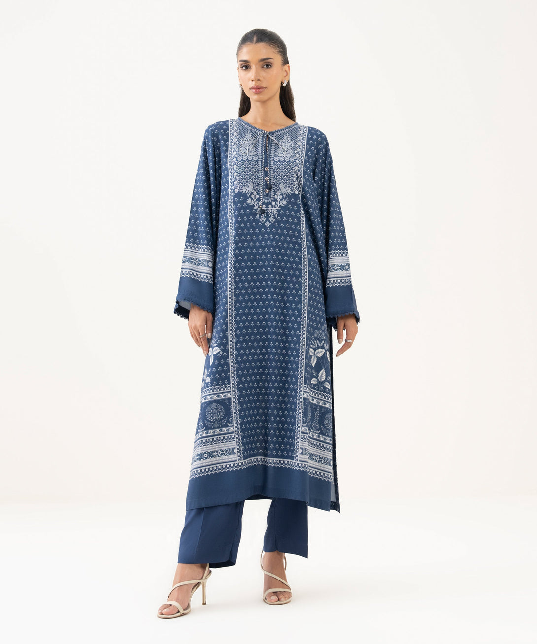 Women's RTW Viscose Linen Printed Blue A-Line Shirt