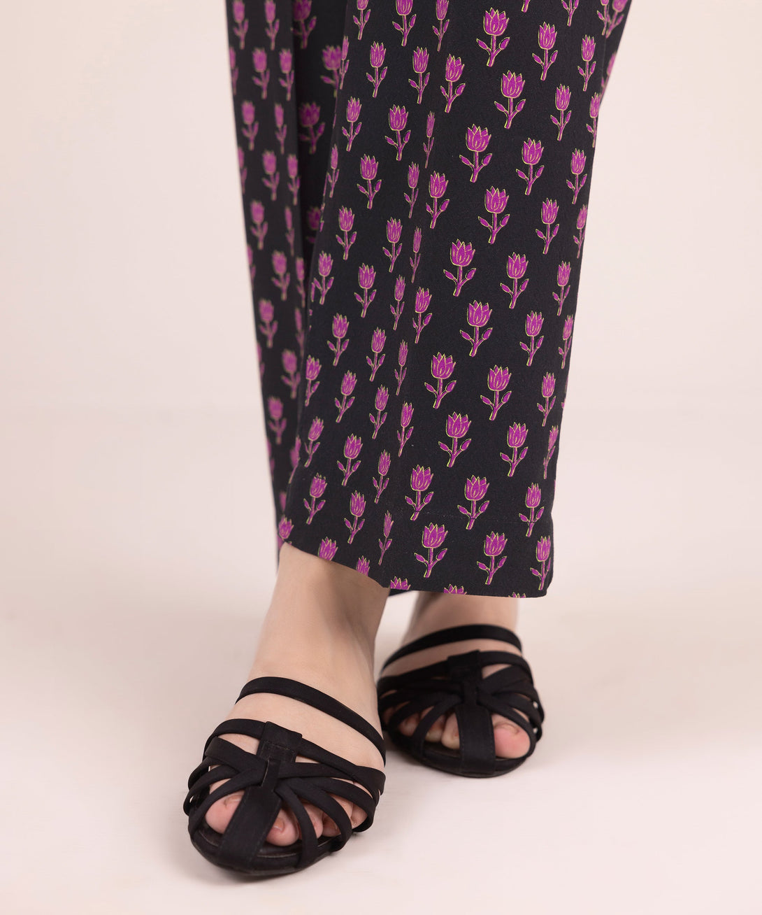 Women's RTW Arabic Dobby Printed Black Straight Pants