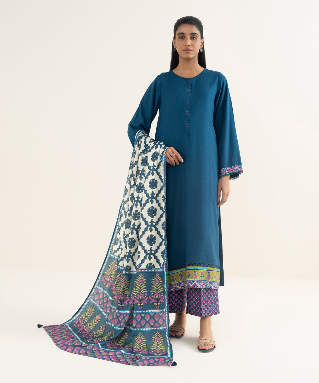 Teal Printed Blended Shawl