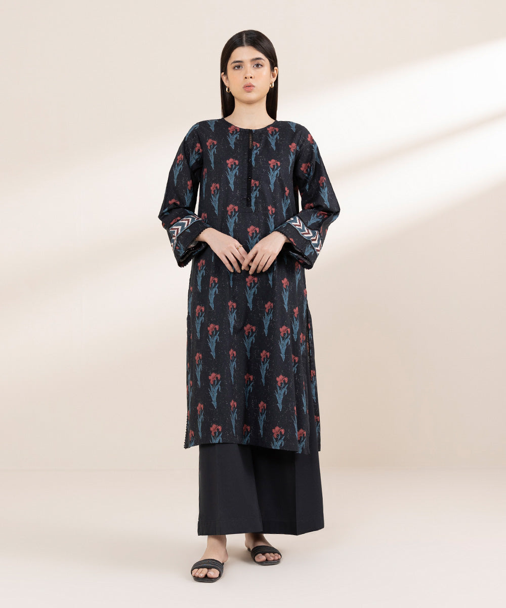 Women's RTW Dobby Black Printed A-Line Shirt