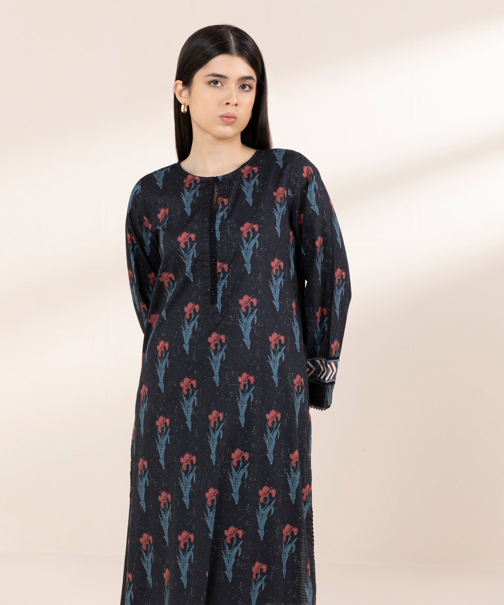 Women's RTW Dobby Black Printed A-Line Shirt