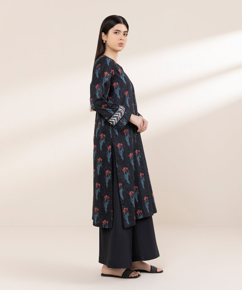 Women's RTW Dobby Black Printed A-Line Shirt