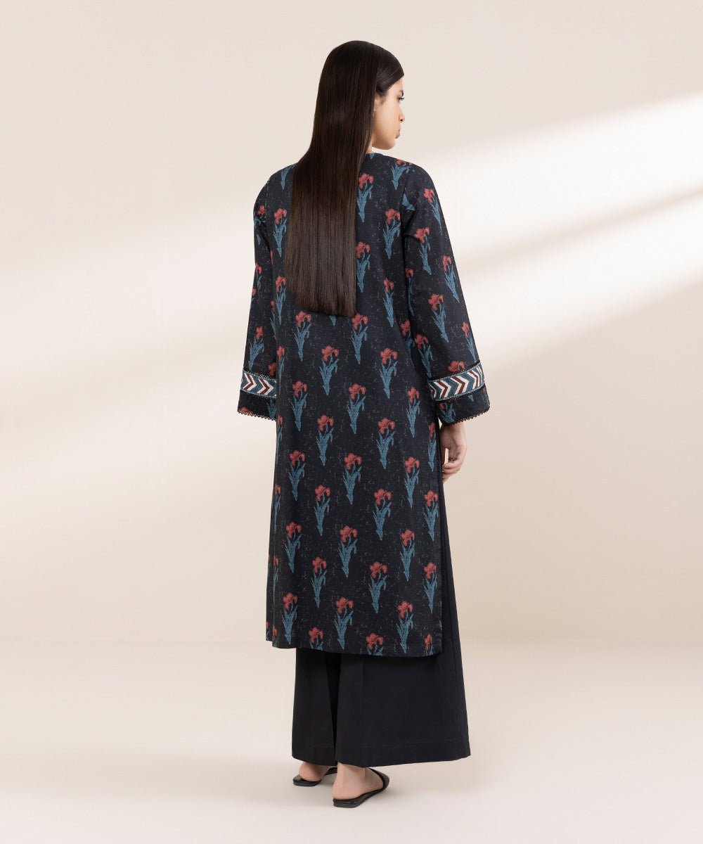 Women's RTW Dobby Black Printed A-Line Shirt