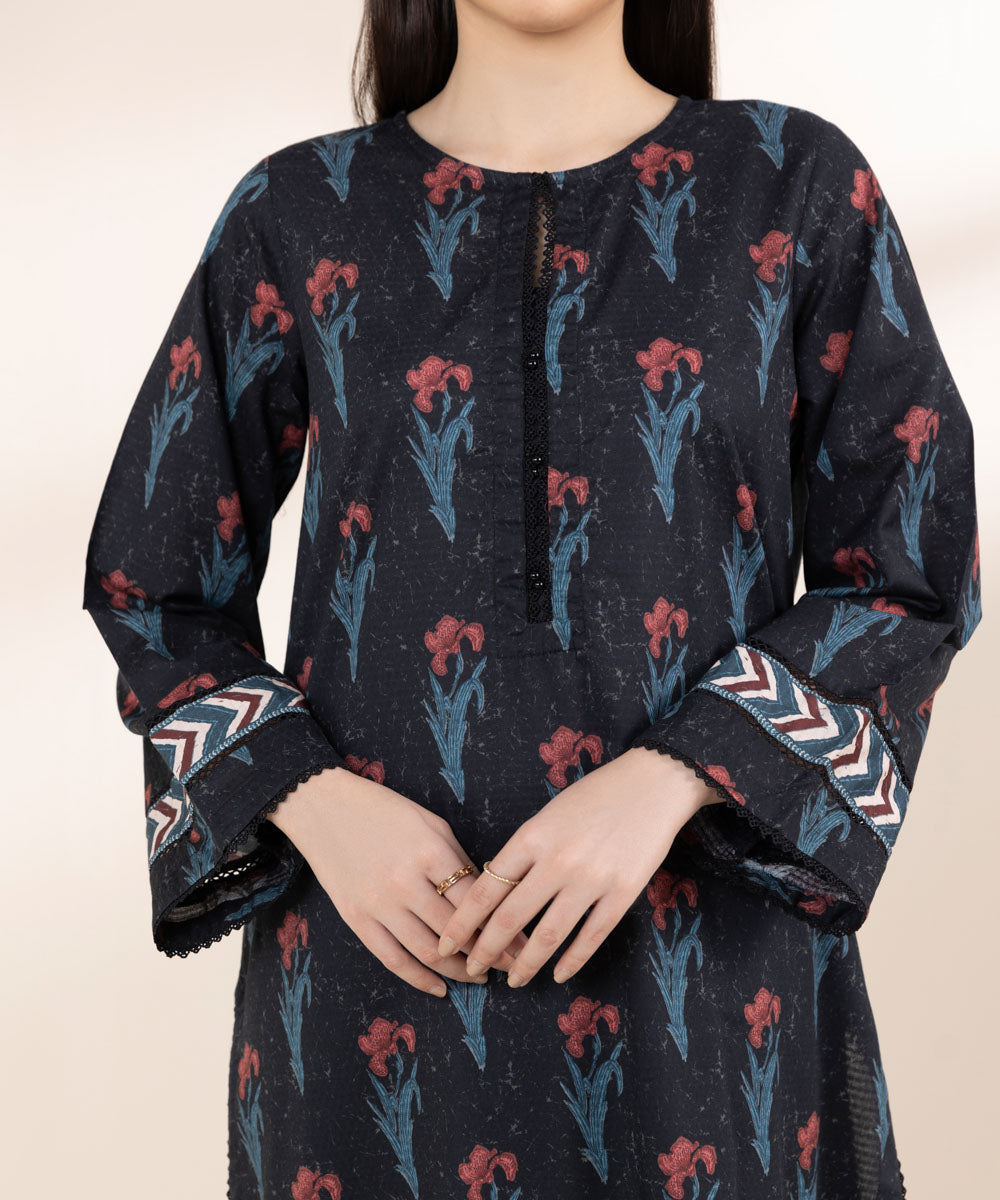 Women's RTW Dobby Black Printed A-Line Shirt
