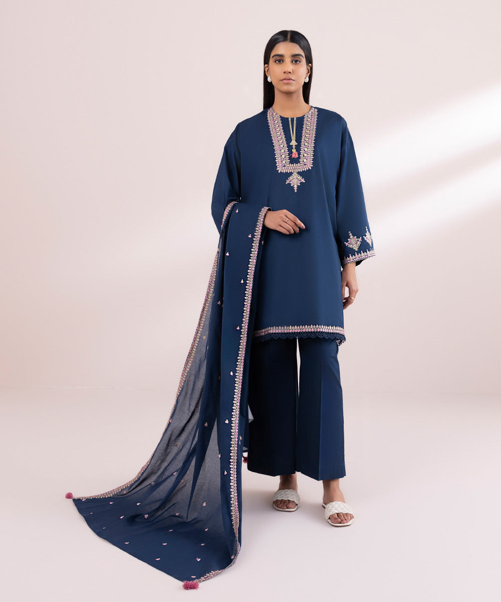 Fine Voile Blue Embroidered Dupatta