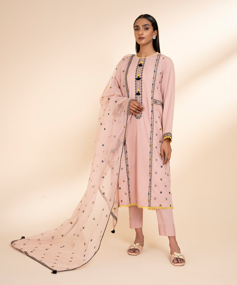 Blended Organza Pink Embroidered Dupatta