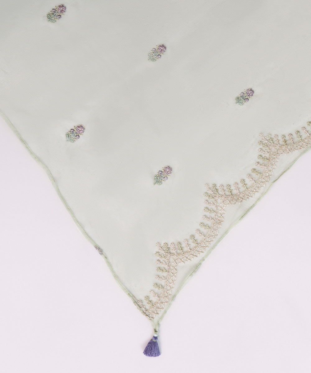 Bemberg Crinkle Chiffon Green Embroidered Dupatta