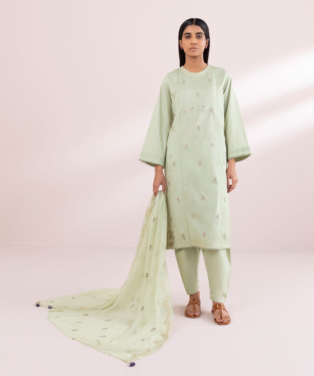 Bemberg Crinkle Chiffon Green Embroidered Dupatta