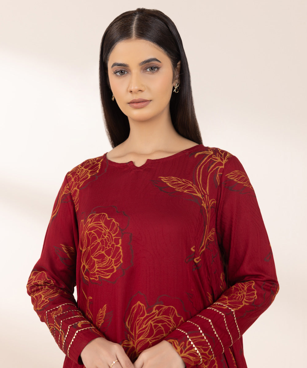 Women's Pret Extra Weft Jacquard Solid Red A-Line Shirt