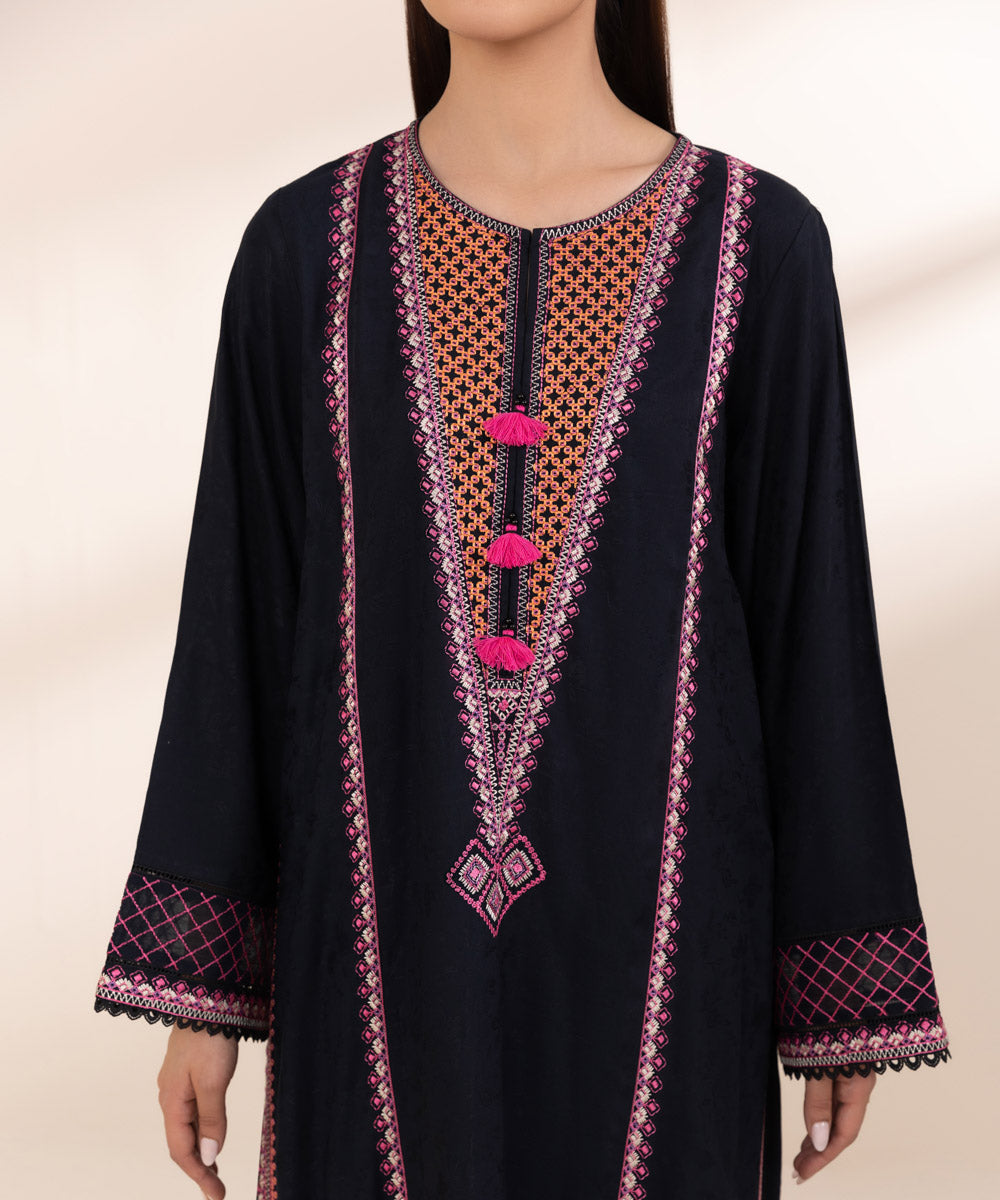 Women's Pret Linen Jacquard Embroidered Black A-line Shirt