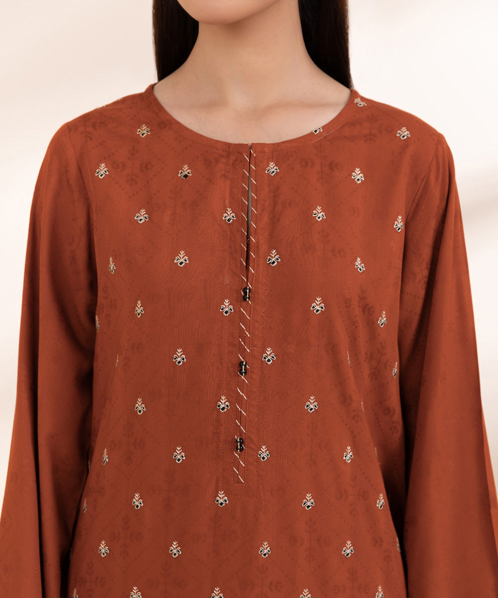 Women's Pret Linen Jacquard Embroidered Orange A-line Shirt