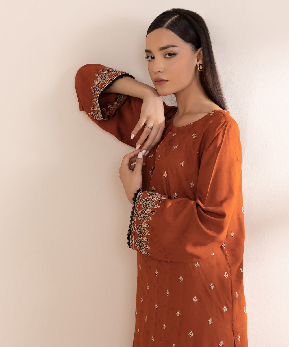 Women's Pret Linen Jacquard Embroidered Orange A-line Shirt