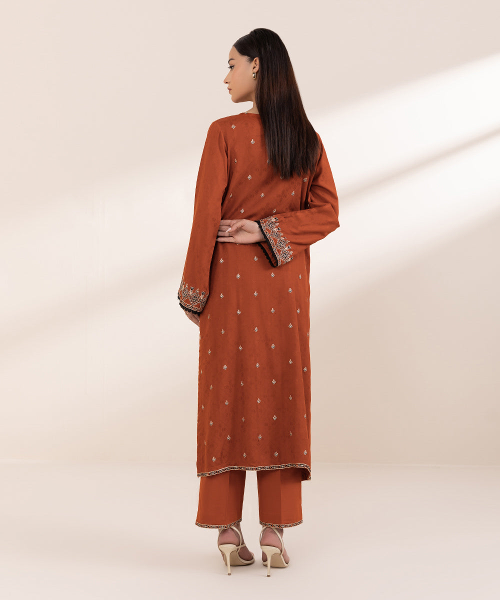 Women's Pret Linen Jacquard Embroidered Orange A-line Shirt