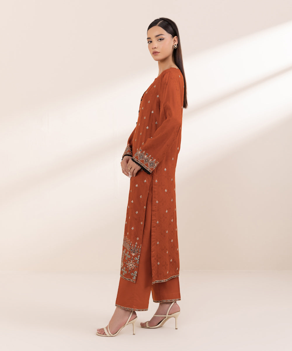 Women's Pret Linen Jacquard Embroidered Orange A-line Shirt