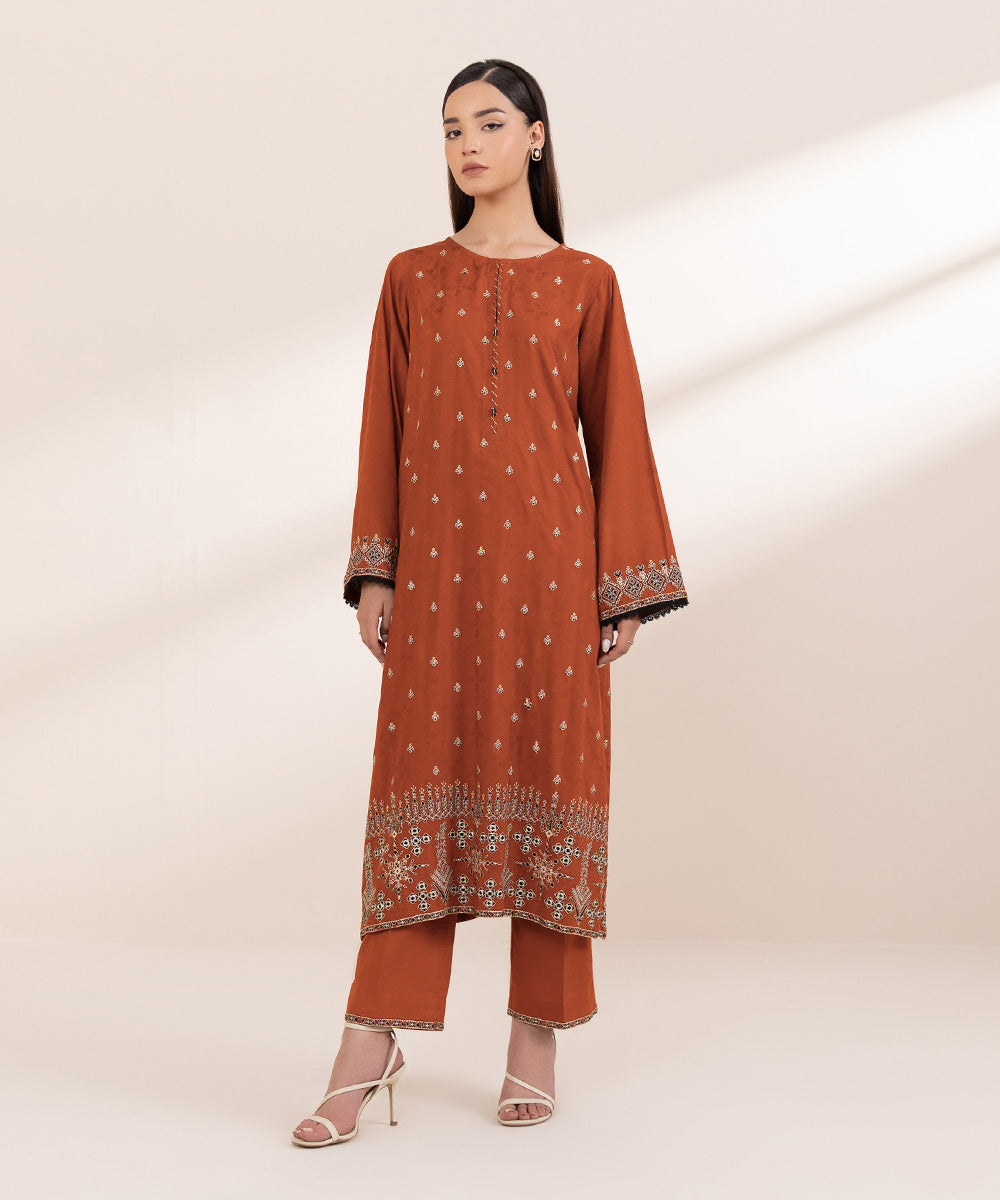 Women's Pret Linen Jacquard Embroidered Orange A-line Shirt