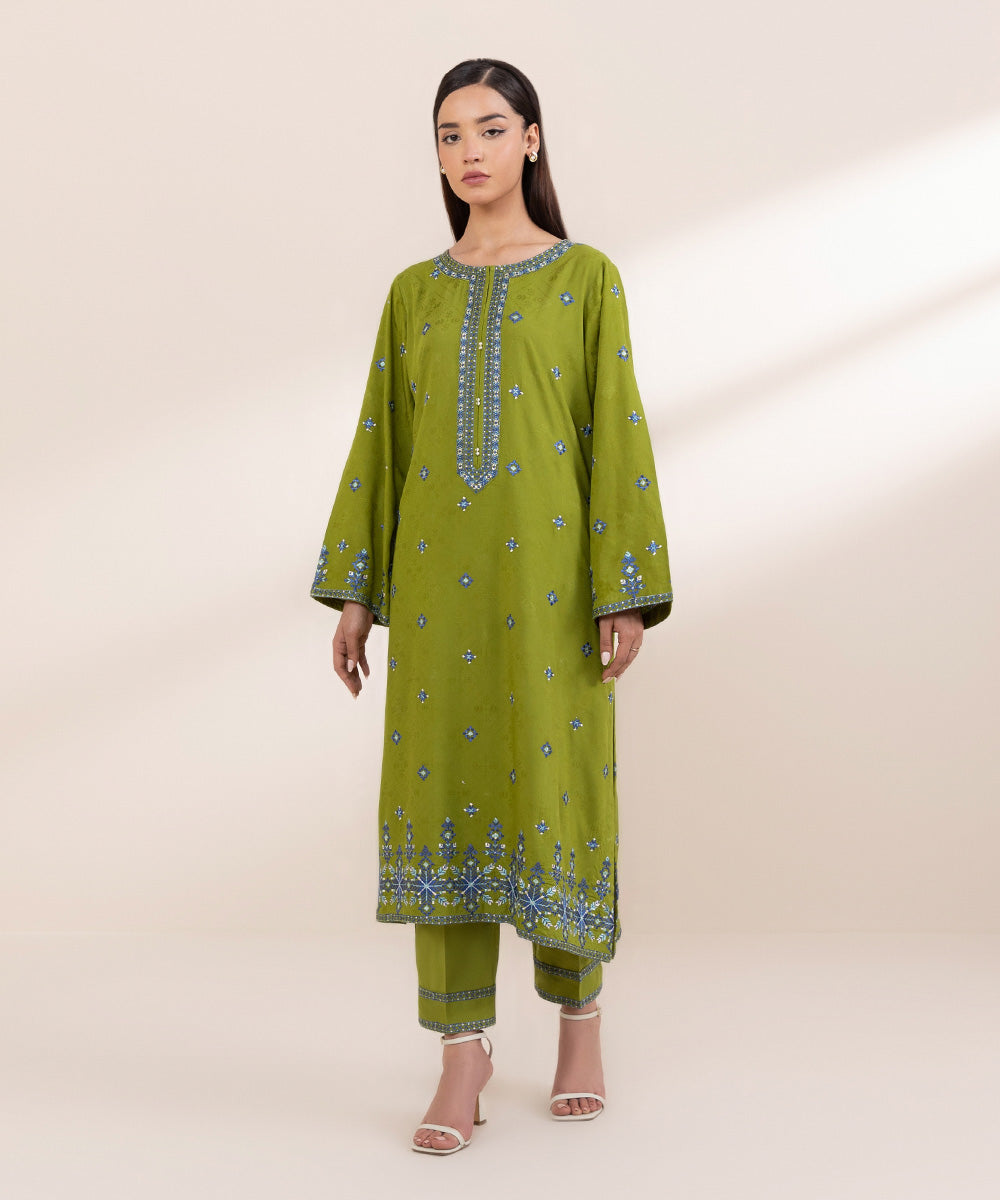 Women's Pret Linen Jacquard Embroidered Green A-line Shirt