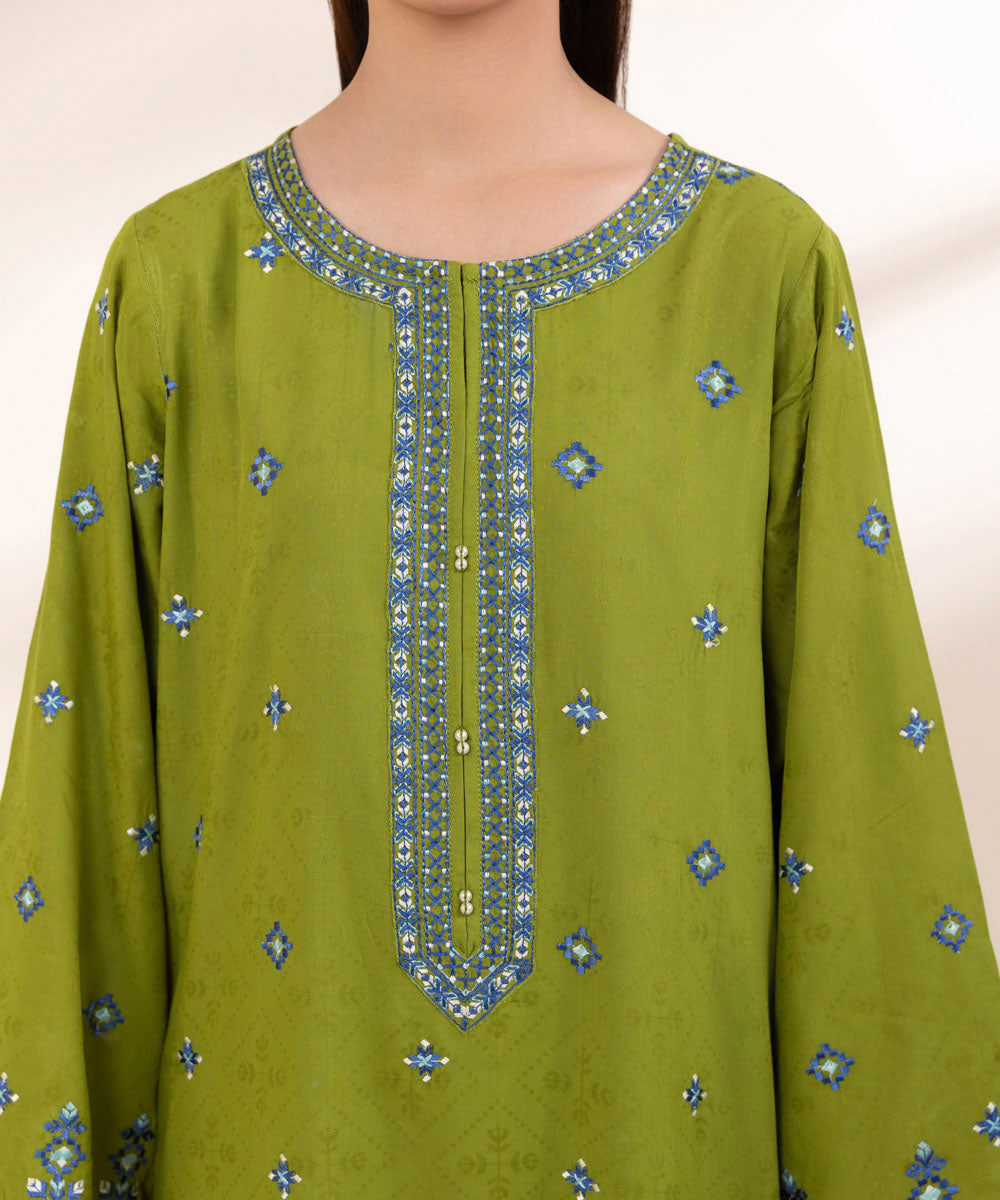 Women's Pret Linen Jacquard Embroidered Green A-line Shirt