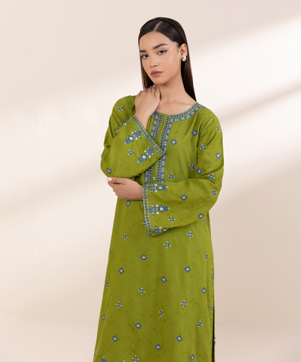 Women's Pret Linen Jacquard Embroidered Green A-line Shirt