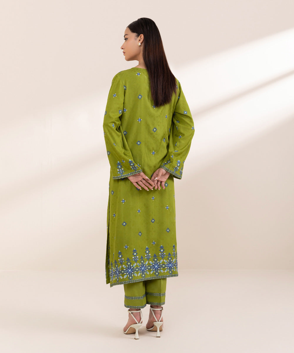 Women's Pret Linen Jacquard Embroidered Green A-line Shirt