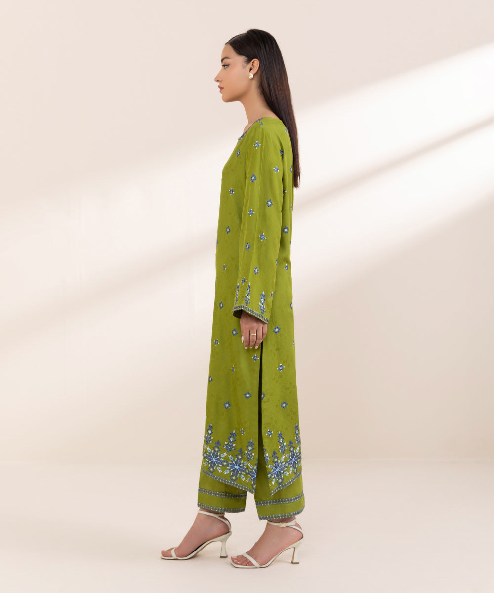 Women's Pret Linen Jacquard Embroidered Green A-line Shirt