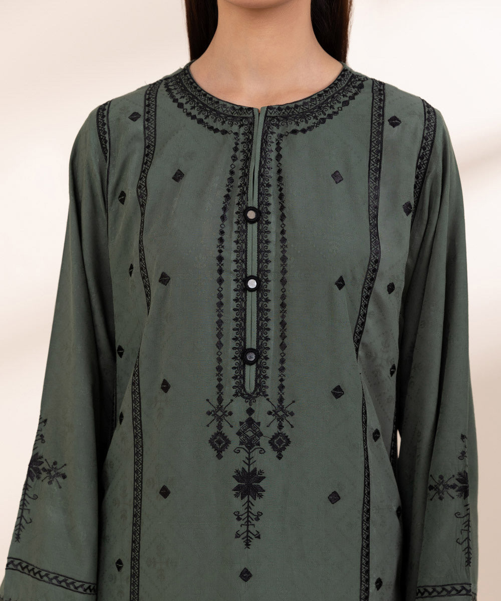 Women's Pret Linen Jacquard Embroidered Green A-line Shirt