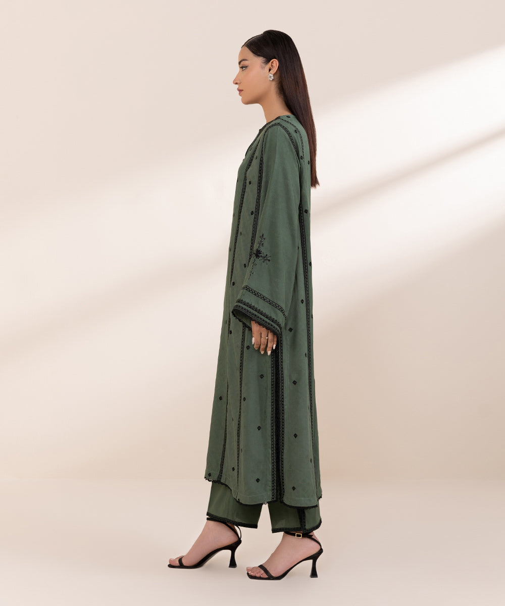 Women's Pret Linen Jacquard Embroidered Green A-line Shirt