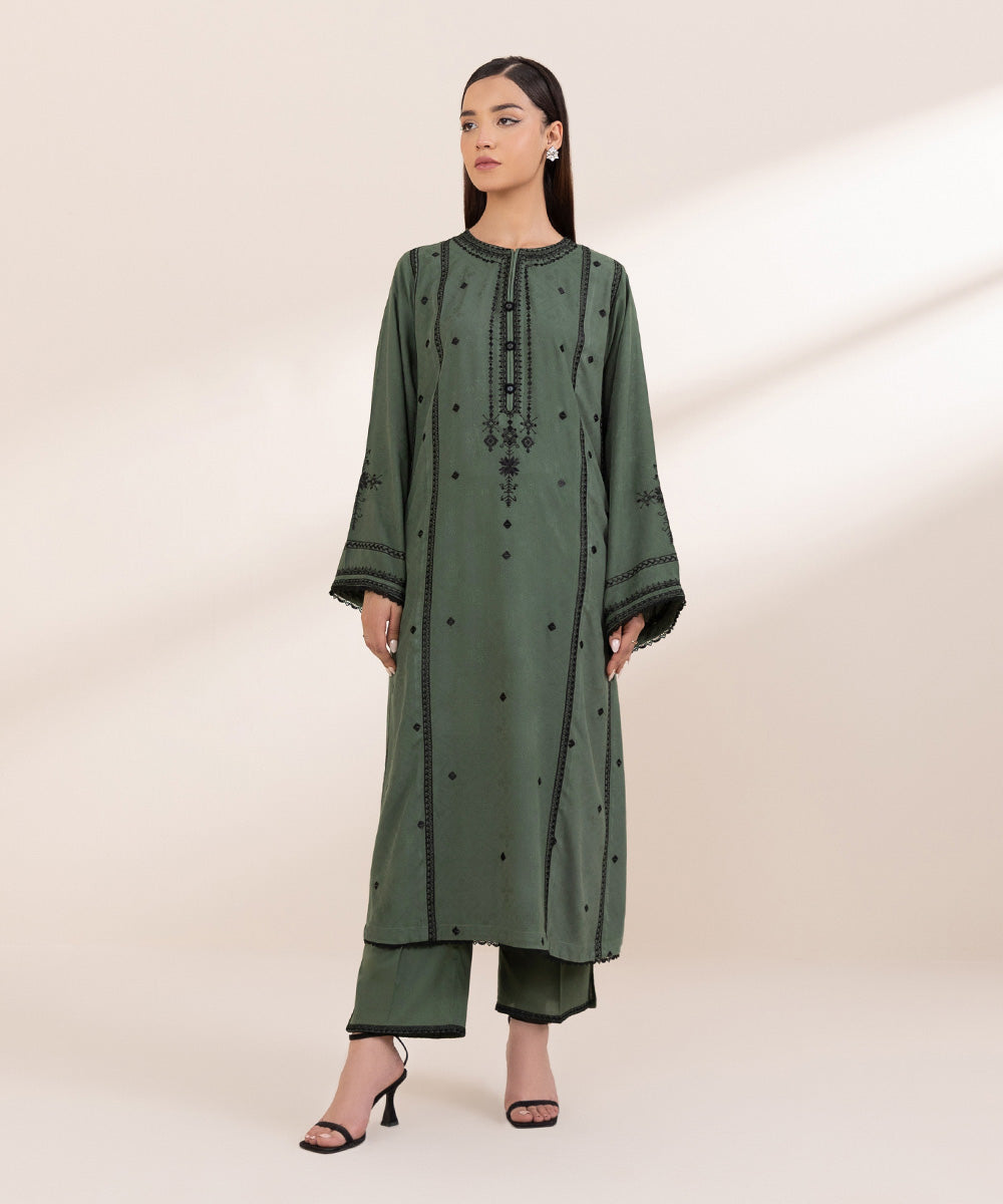 Women's Pret Linen Jacquard Embroidered Green A-line Shirt