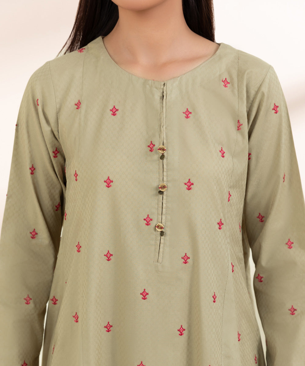 Women's Pret Dobby Embroidered Beige A-Line Shirt