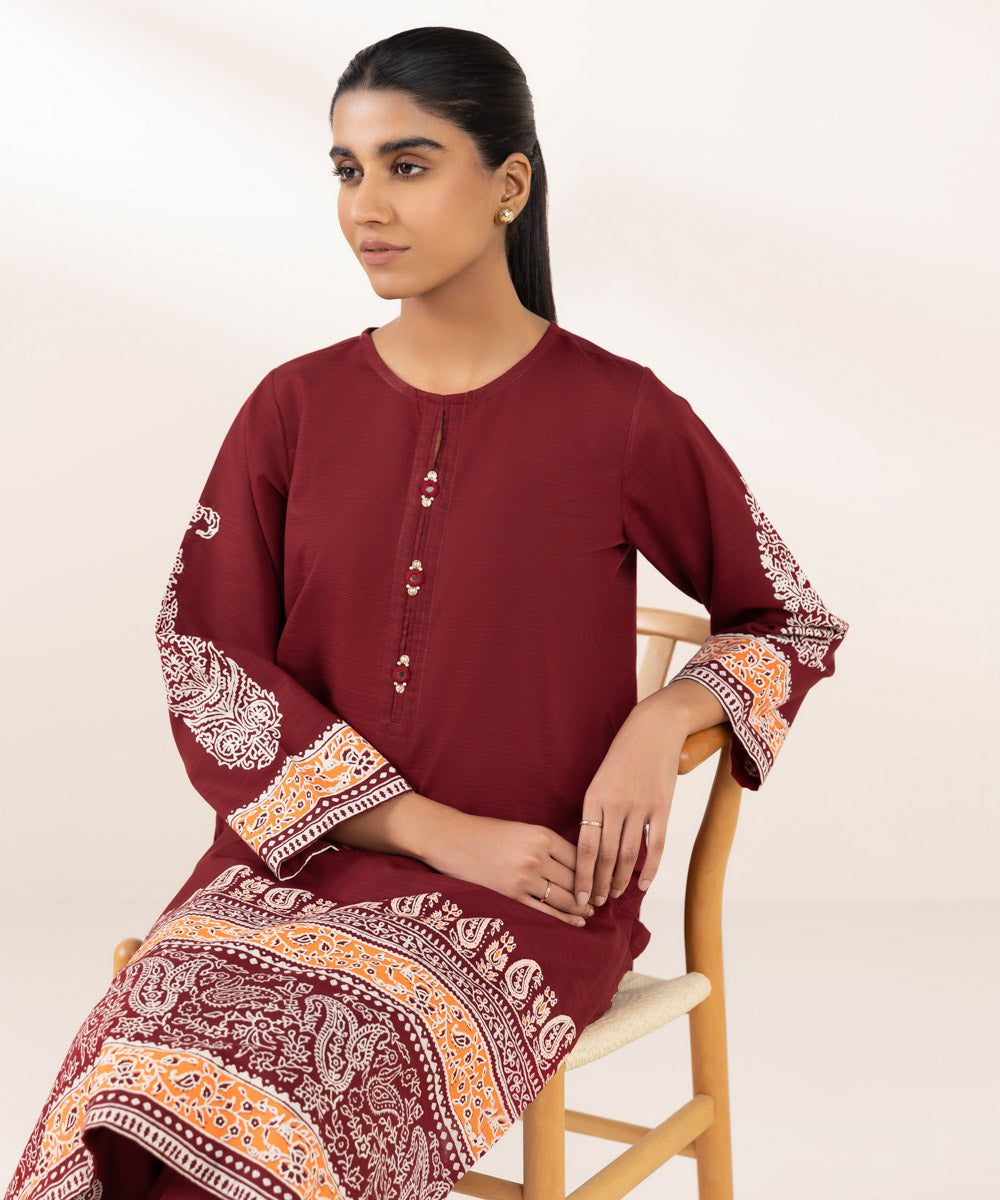 Women's Pret Khaddar Printed Red A-Line Shirt