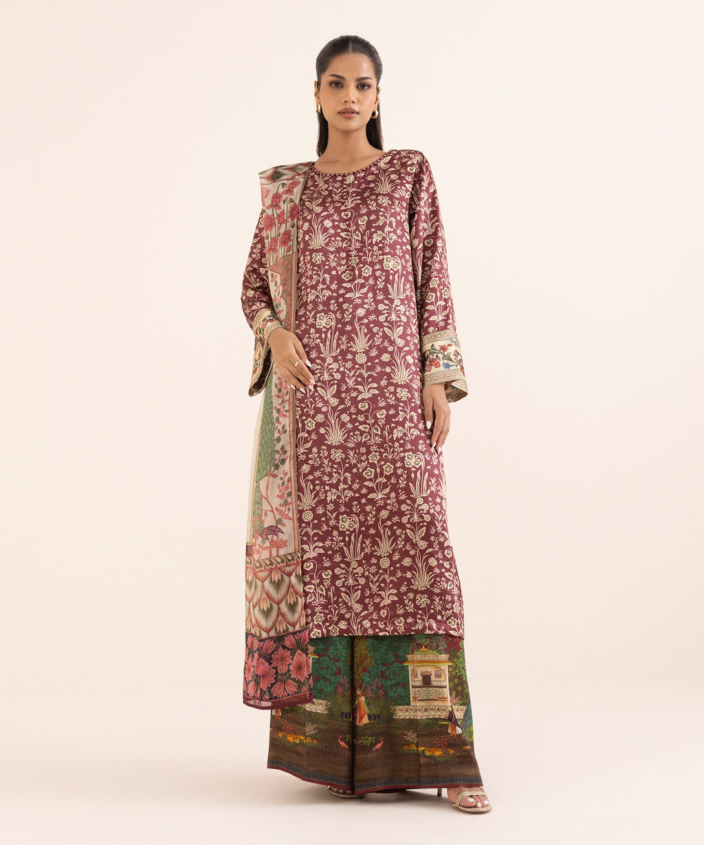Women's RTW Blended Satin Red Printed 3 Piece Suit