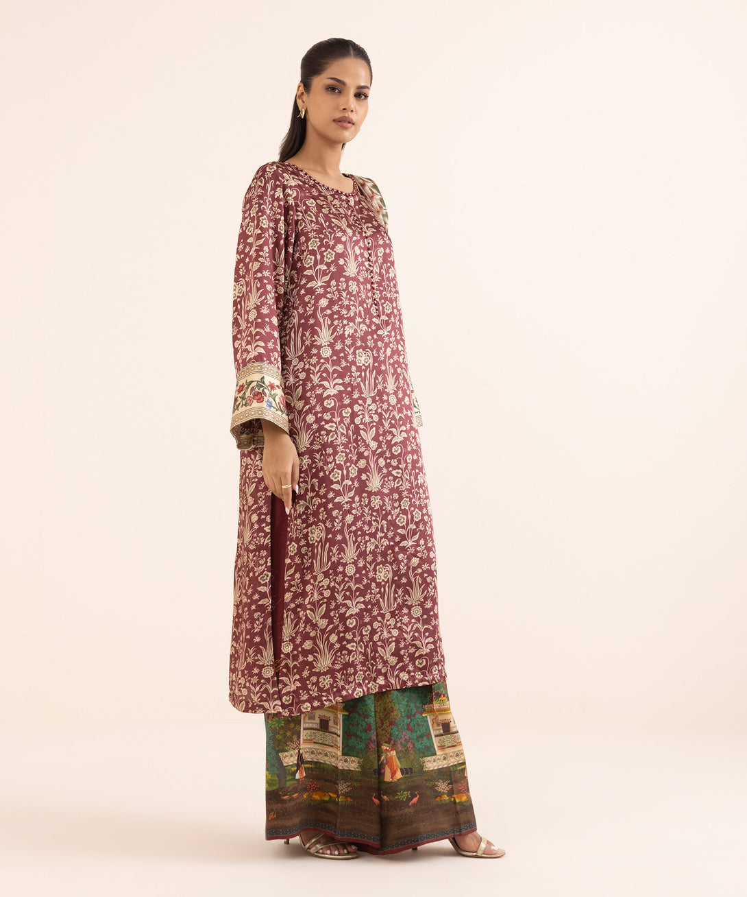 Women's RTW Blended Satin Red Printed 3 Piece Suit