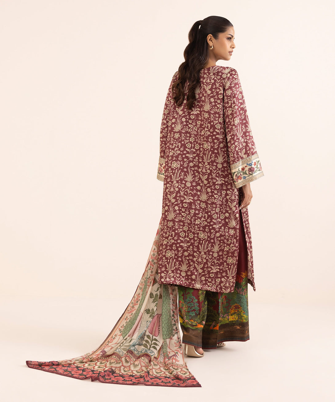 Women's RTW Blended Satin Red Printed 3 Piece Suit