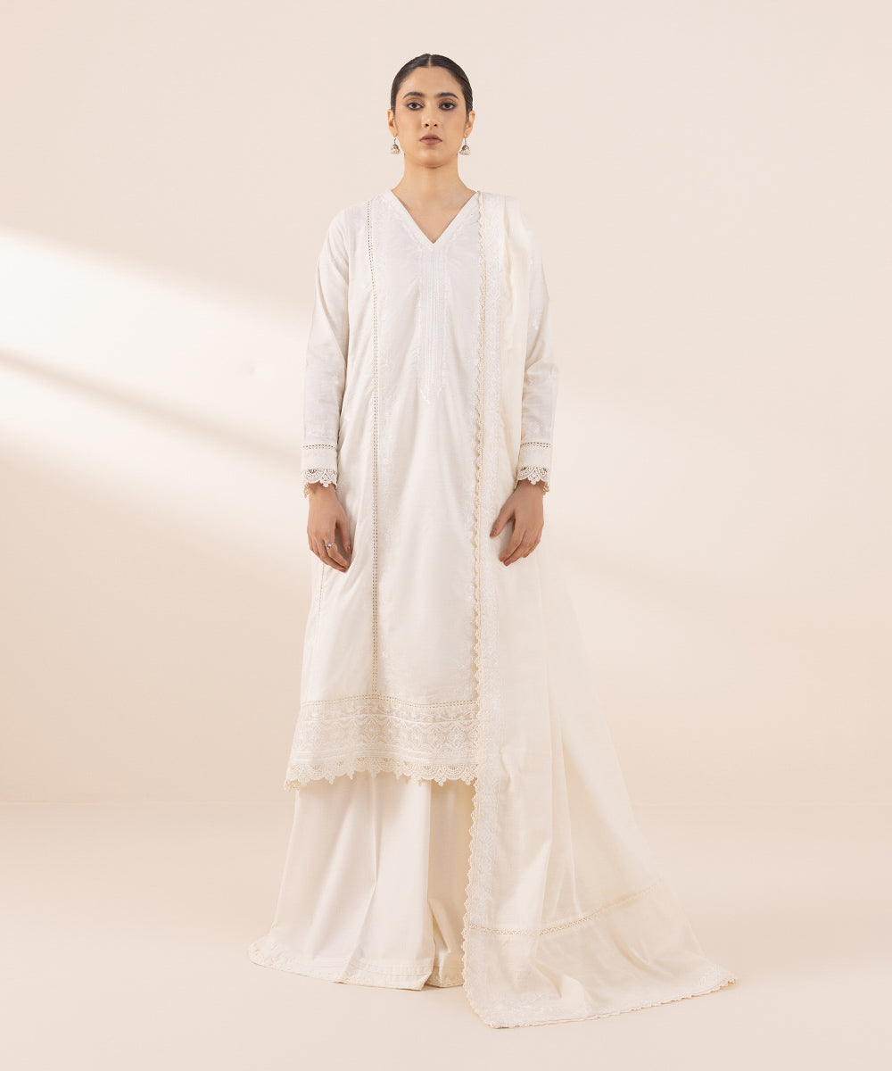 Textured Voile Off White Embroidered Dupatta