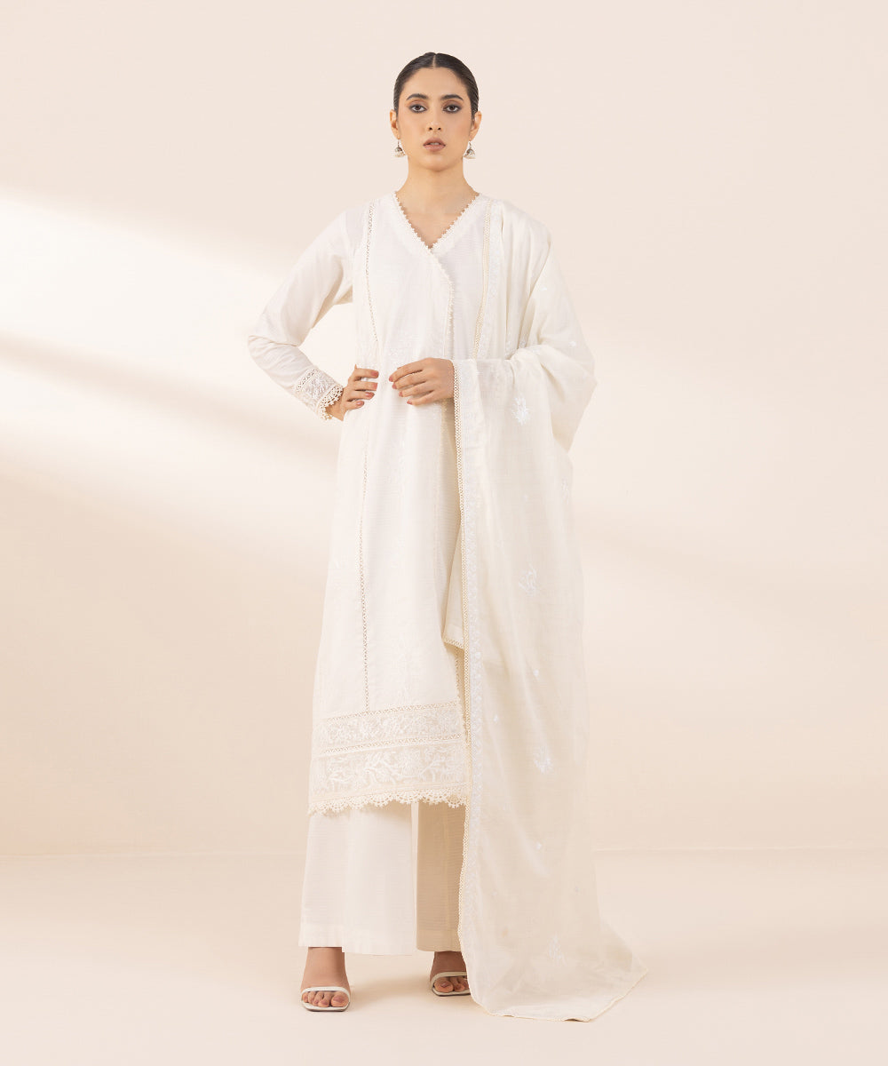 Textured Voile Off White Embroidered Dupatta